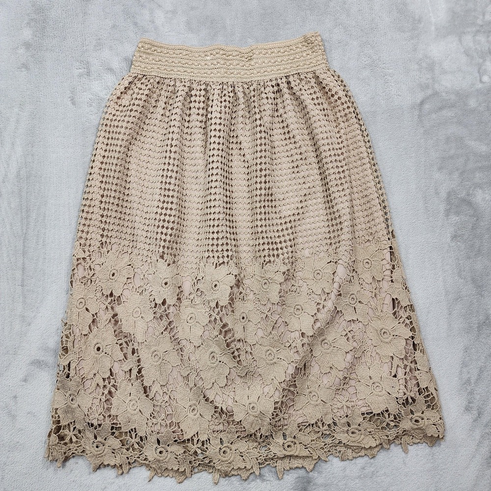 J Gee Skirt Womens M Beige Crochet Lace Floral A-Line Midi Lined Boho Casual